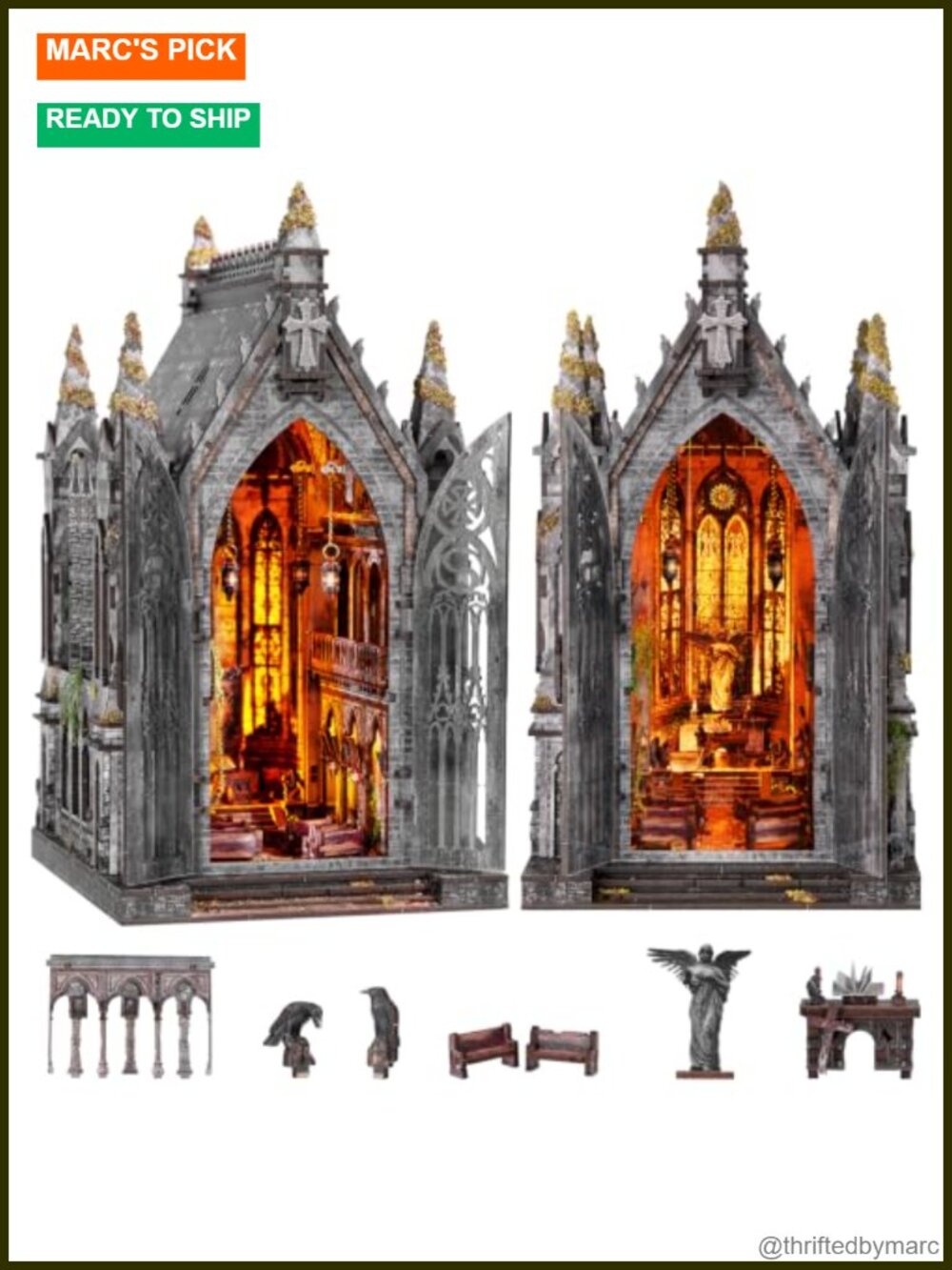 DIY Book Nook Kit - Abandoned Gothic Church Miniature Dollhouse with LED Lights